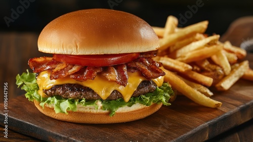 A delicious hamburger topped with bacon, cheese, and fresh ingredients, served with fries.