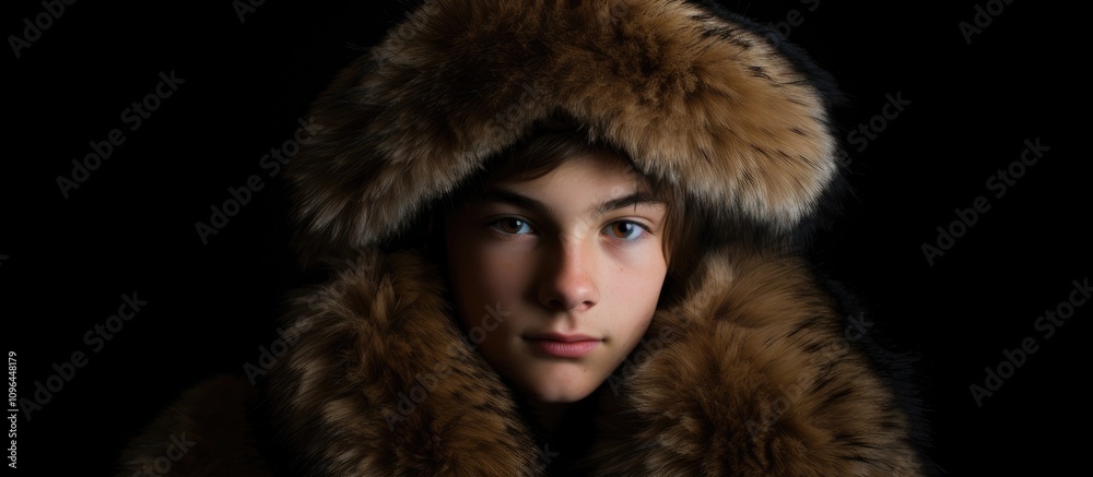 Teenager wearing a fur hat with a serious expression showcasing a dramatic portrait against a dark background highlighting isolation and emotion Teenager wearing a fur hat with a serious expression showcasing a dramatic portrait against a dark background highlighting isolation and emotion