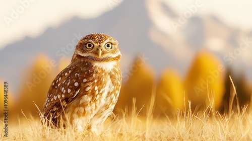  a burrowing owl  perched on a dry grassy field with a blurred background