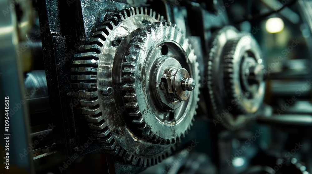 Industrial Gears in Action: Close-Up of Factory Machinery - Powerful industrial gears, factory floor machinery, mechanical precision, metal components, industrial production. Industrial Gears in Action: Close-Up of Factory Machinery - Powerful industrial gears, factory floor machinery, mechanical precision, metal components, industrial production.