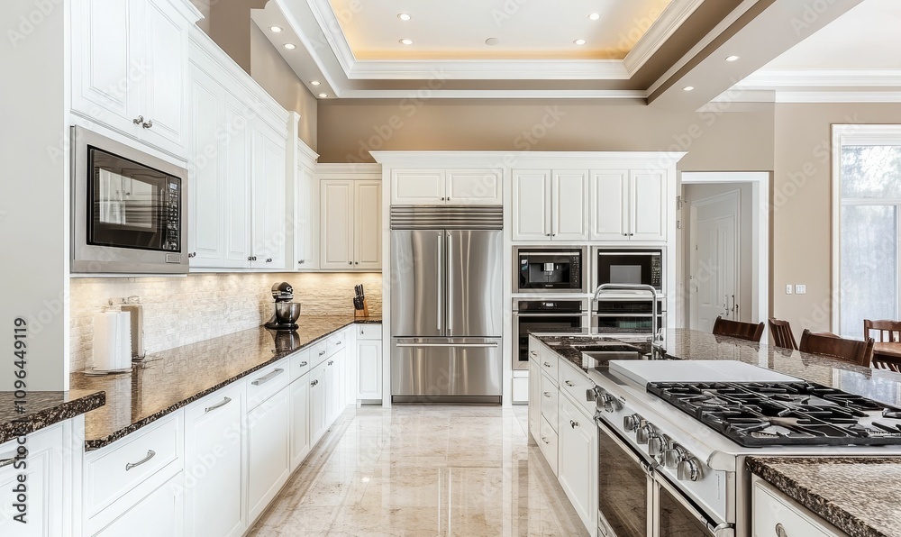 Fototapeta premium Elegant white kitchen with granite counters, stainless appliances.