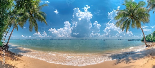 Tropical beach scene with palm trees and foamy waves under a blue sky perfect for summer holidays and relaxing seaside vacations photo