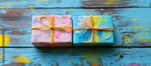 Vibrant decorative gifts packaged on a colorful wooden background showcasing creativity and celebration. photo