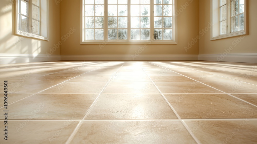 an empty room with a tiled floor and two windows, through which we can see trees and a building in the background an empty room with a tiled floor and two windows, through which we can see trees and a building in the background