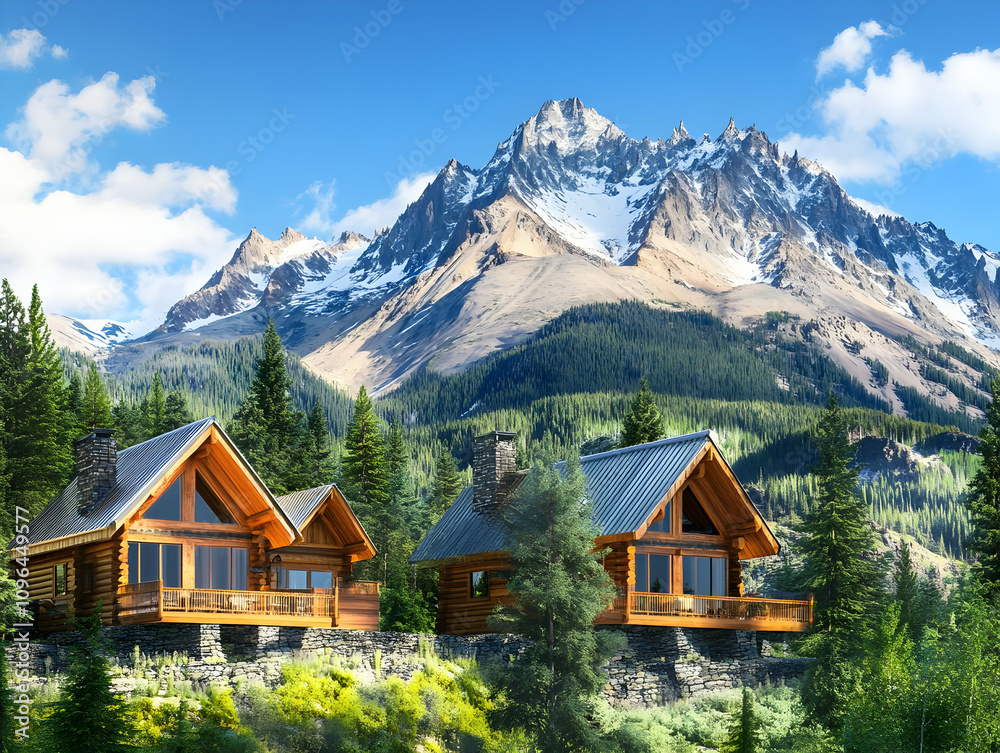 Fototapeta premium Scenic mountain view featuring two cozy cabins surrounded by lush greenery and towering peaks.