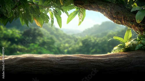  a tree branch in the middle of a lush green forest The tree trunk is surrounded by lush green leaves and grass, and in the background, there are tall trees and a b