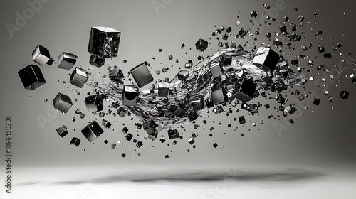 Dynamic Shattered Cube Explosion with Black and White Dispersal of Digital Art Abstract