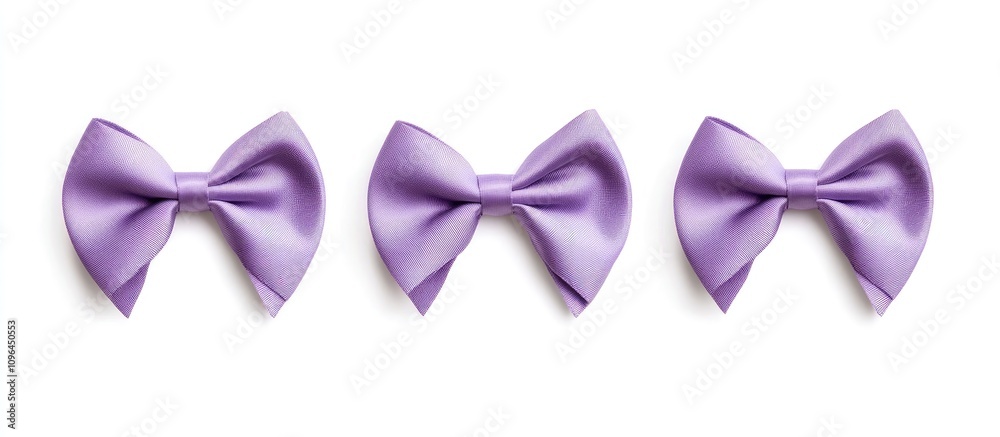 Three elegant violet satin bows isolated on a clean white background perfect for design and decorative purposes. Three elegant violet satin bows isolated on a clean white background perfect for design and decorative purposes.