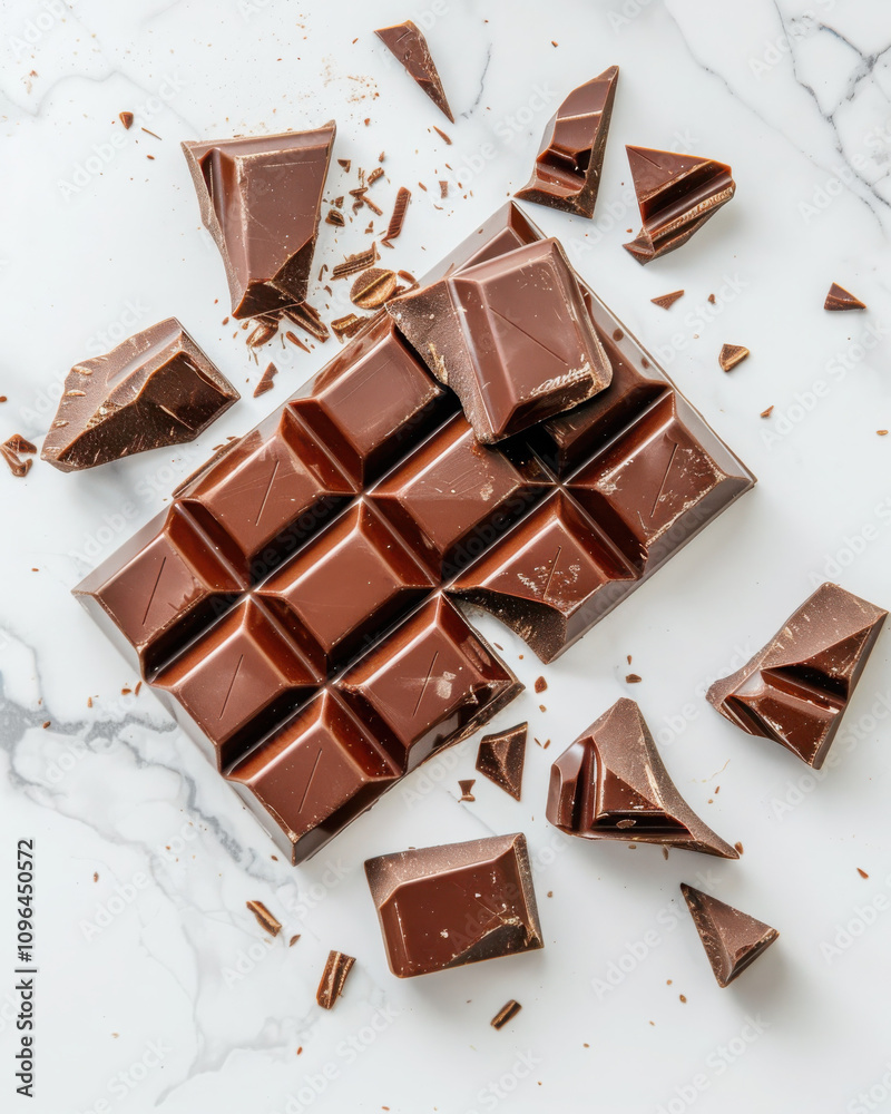 Breaking dark chocolate squares on smooth marble surface for culinary delight and visual appeal