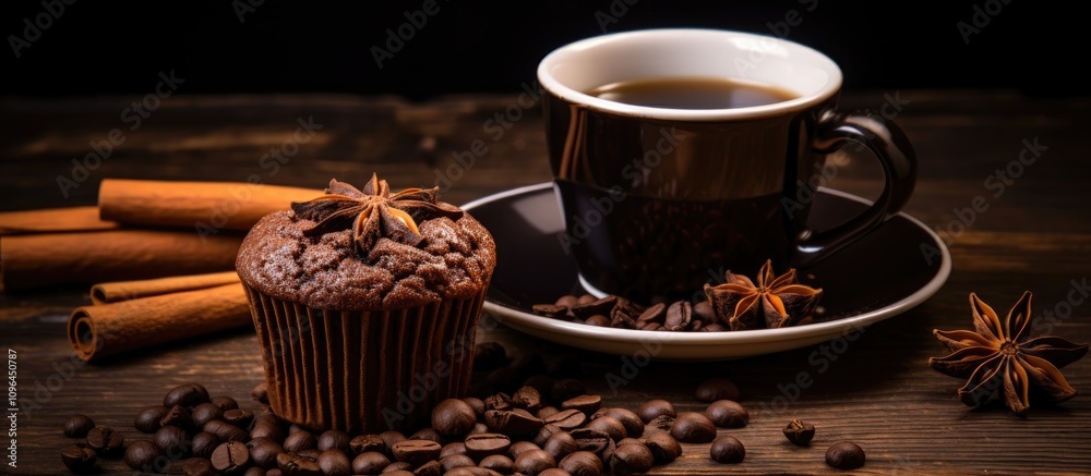 Cream ceramic cup of black tea with cinnamon, star anise, brown sugar, and chocolate muffins on a rustic wooden surface. Cream ceramic cup of black tea with cinnamon, star anise, brown sugar, and chocolate muffins on a rustic wooden surface.