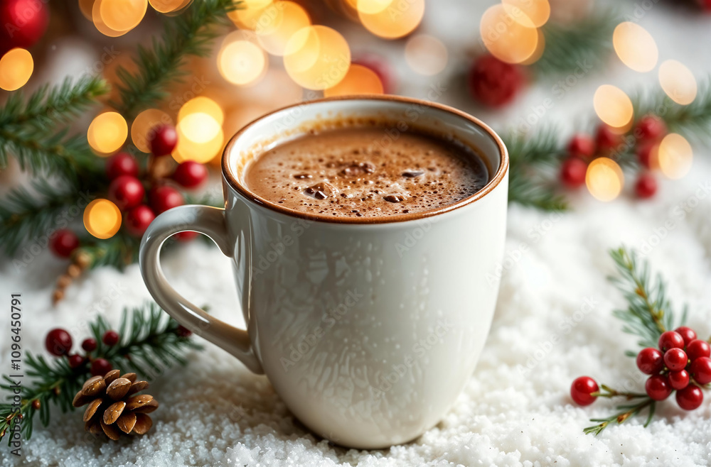 Warm cup of coffee surrounded by festive decorations during winter celebrations