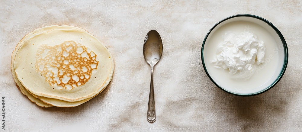 Thin pancakes served with sour cream and a bowl of milk viewed from above on a textured surface ideal for breakfast or brunch themes Thin pancakes served with sour cream and a bowl of milk viewed from above on a textured surface ideal for breakfast or brunch themes
