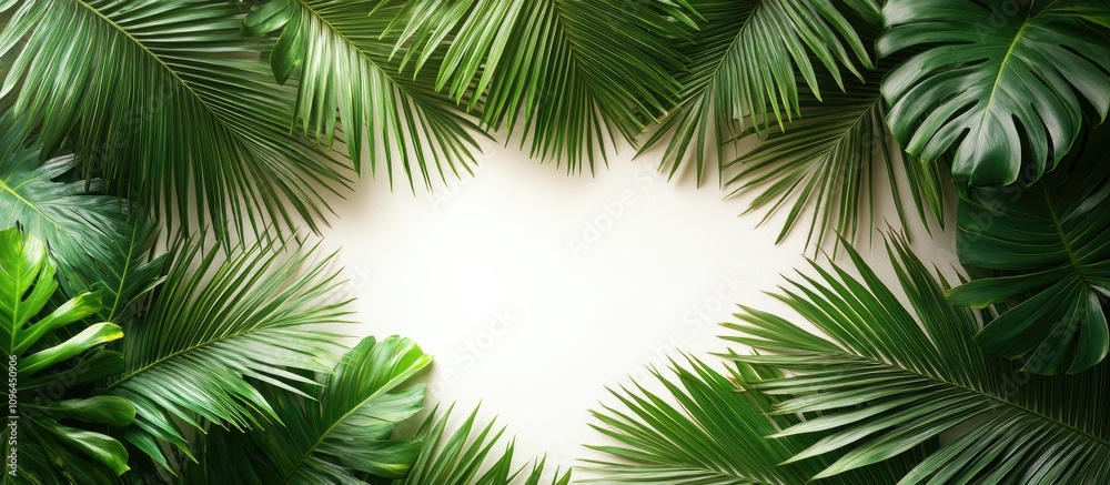 Coconut palm leaves creating a lush green frame against a light background for tropical or nature-themed designs. Coconut palm leaves creating a lush green frame against a light background for tropical or nature-themed designs.
