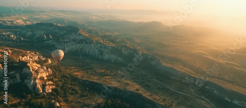 Hot air balloon soaring over the beautiful landscapes of Cappadocia at sunrise with stunning rock formations and soft golden light