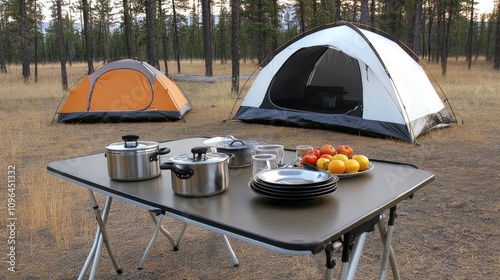 Campsite features a well-arranged table with pots, pans, and a colorful fruit plate surrounded by trees and a tent under natural light photo