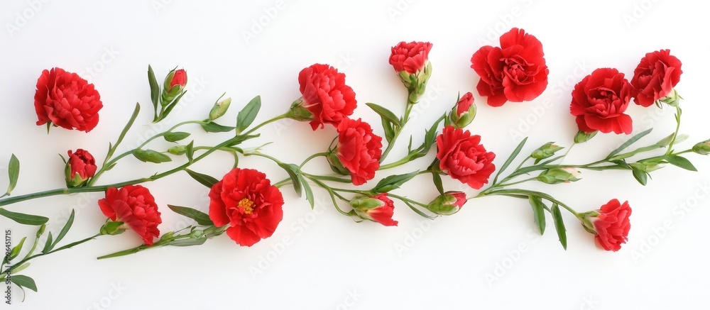 Vibrant red carnation bouquet elegantly arranged on a white backdrop with ample copy space for creative use Vibrant red carnation bouquet elegantly arranged on a white backdrop with ample copy space for creative use