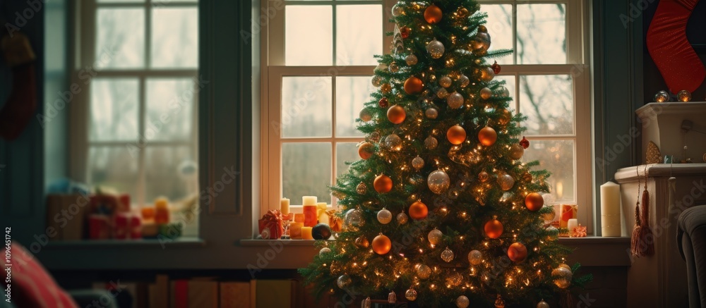 Cozy living room with a beautifully decorated Christmas tree adorned with ornaments and lights near large windows and festive decorations. Cozy living room with a beautifully decorated Christmas tree adorned with ornaments and lights near large windows and festive decorations.
