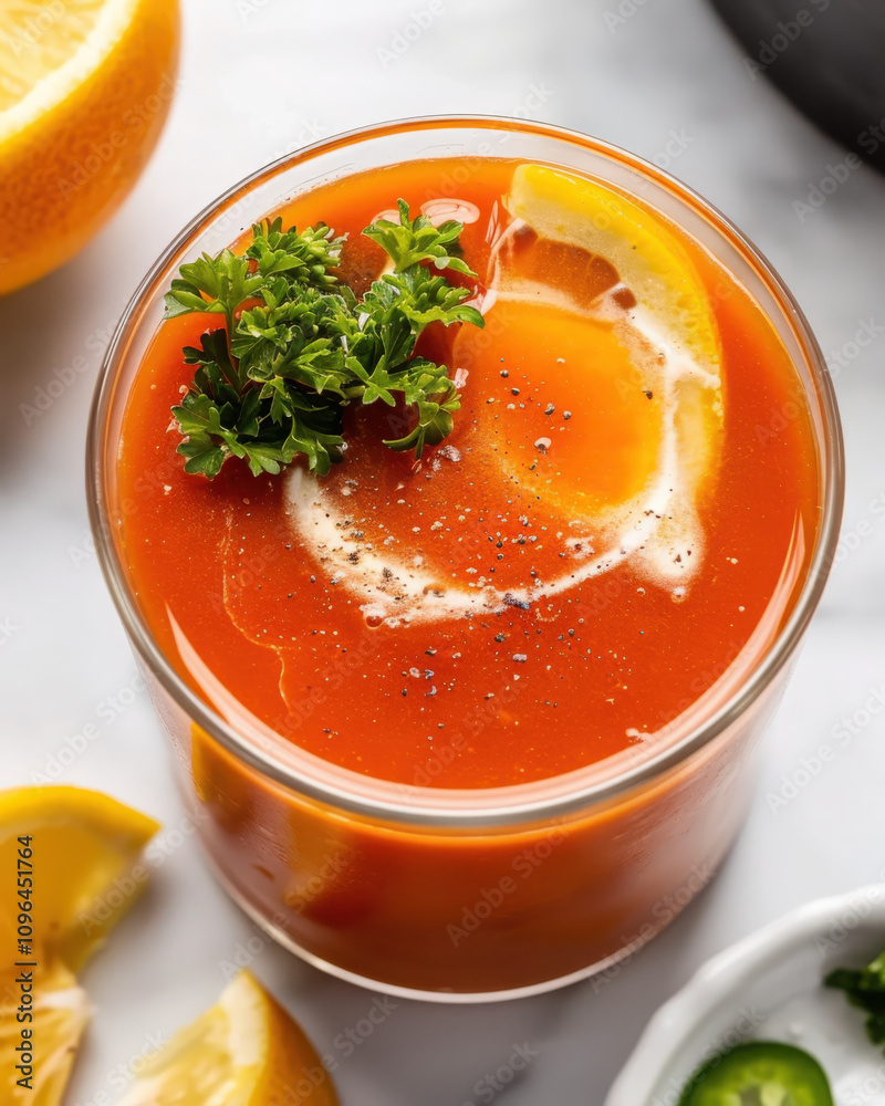 Garnishing tomato soup a white bowl with cream and parsley in a minimalist setting from a topdown view Garnishing tomato soup a white bowl with cream and parsley in a minimalist setting from a topdown view