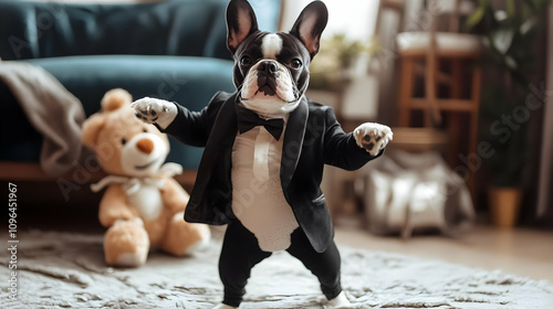A dapper dog in a tuxedo stands playfully in a cozy living room with a teddy bear nearby.