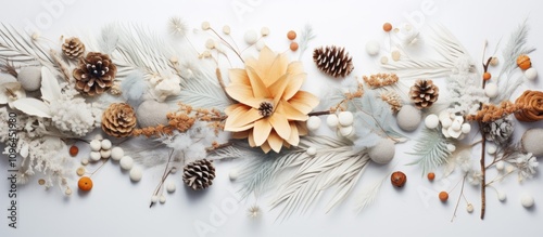 Creative flat lay of winter decorations featuring natural elements and ornamental accents in soft earth tones and textures.