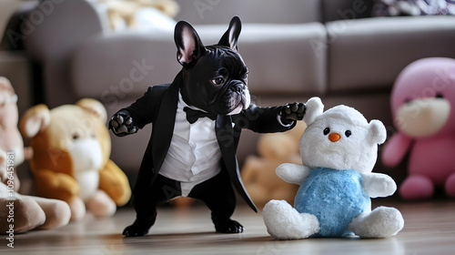 A stylish dog in a tuxedo interacts with a plush bear in a cozy room filled with toys.