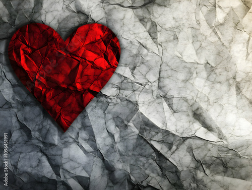 A crumpled paper background with a prominent red heart shape symbolizes love and emotion. photo