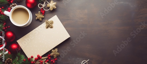 Holiday Season Home Office Desk Decorated with Coffee Notebook and Wrapping Paper flat lay for Planning and Preparation photo