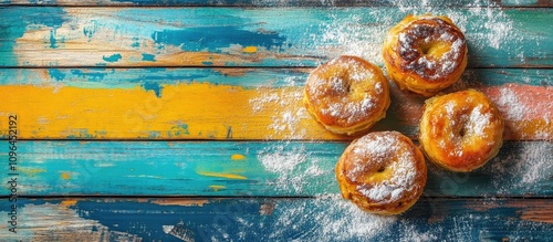 Sufganiyah and latkes arranged on a vibrant wooden background with festive decorations for a joyful celebration photo