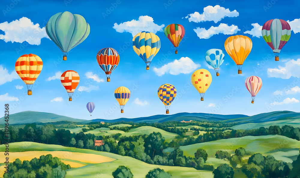 Obraz premium A vibrant scene of colorful hot air balloons soaring over lush green hills and blue skies.