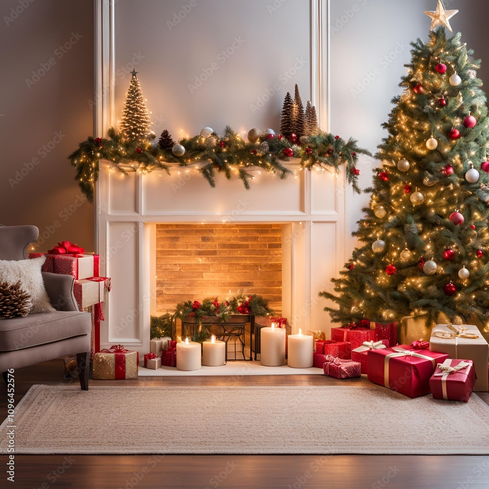 Cozy Christmas-Themed Photo Backdrop with Decorated Tree, String Lights, and Festive Decorations

