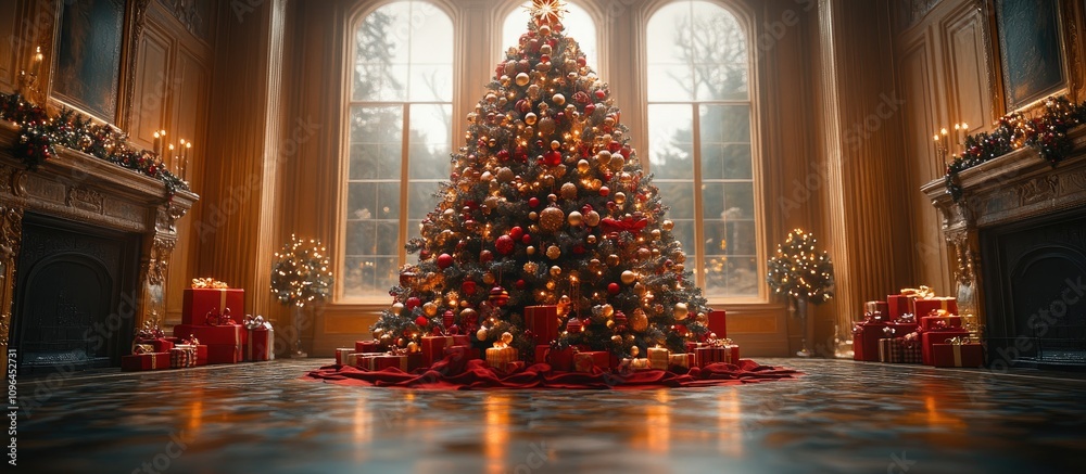Fototapeta premium Elegant Christmas tree adorned with ornaments and lights in a grand hall surrounded by beautifully wrapped gifts and festive decor.