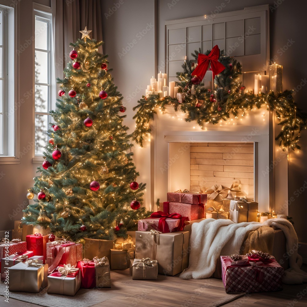 Cozy Christmas-Themed Photo Backdrop with Decorated Tree, String Lights, and Festive Decorations

