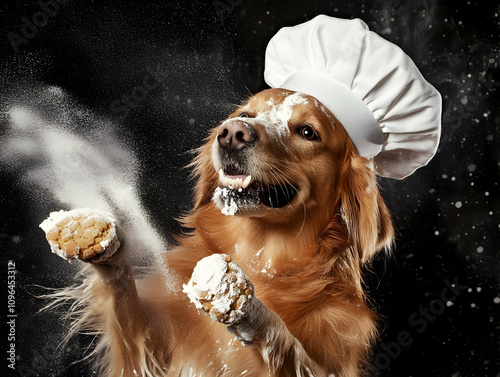 A playful golden retriever dressed as a chef, playfully tossing flour in the air. photo