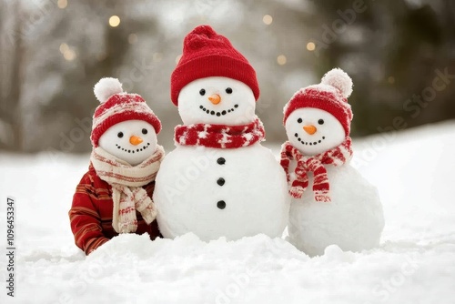 Three cheerful snowmen in winter scene.