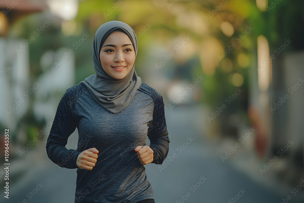 Woman in Hijab Jogging Outdoors, Healthy Lifestyle in Nature Woman in Hijab Jogging Outdoors, Healthy Lifestyle in Nature
