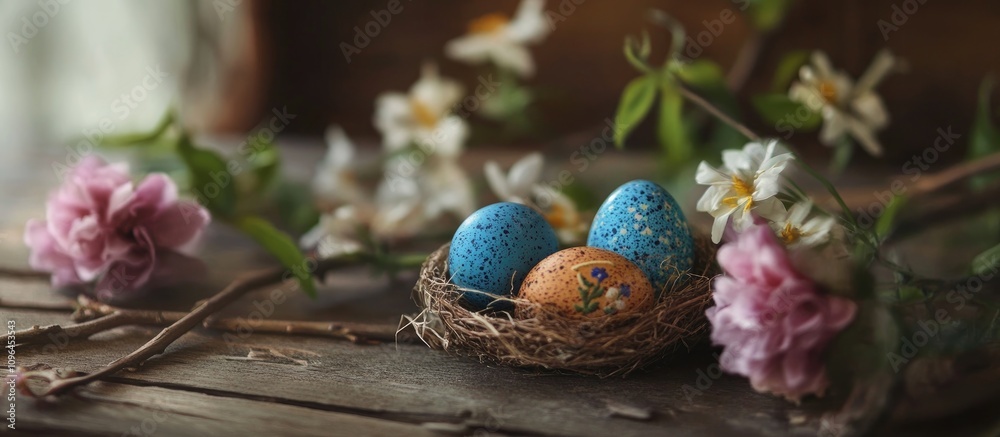 Obraz premium Easter eggs arranged in a natural nest surrounded by vibrant spring flowers on a rustic wooden surface