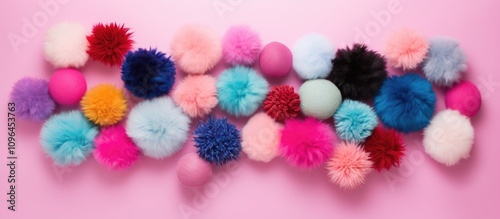 Multicolored pom poms flat lay on a vibrant pink background showcasing texture and color contrast for creative design use