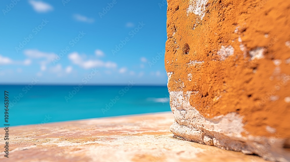 a wall on the right side of the frame with a view of the ocean in the background The sky is filled with white, fluffy clouds and the water is a deep blue The sun a wall on the right side of the frame with a view of the ocean in the background The sky is filled with white, fluffy clouds and the water is a deep blue The sun