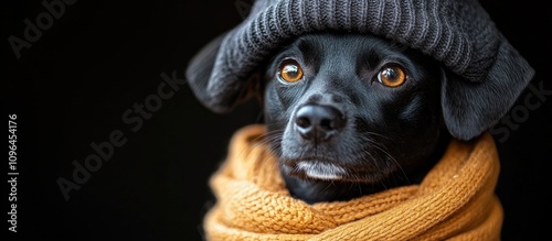 Stylish dog wearing a beanie and scarf posing elegantly against a dark background showcasing adorable canine fashion. photo