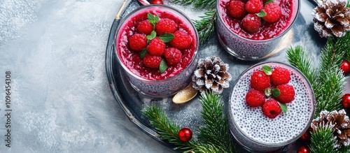 Festive chia pudding with raspberries served on a decorative tray surrounded by Christmas decor healthy vegan breakfast concept photo