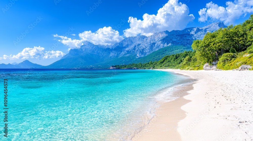 a beach with crystal clear blue water and white sand, surrounded by lush green trees and plants, with majestic mountains in the background and a bright blue sky dot a beach with crystal clear blue water and white sand, surrounded by lush green trees and plants, with majestic mountains in the background and a bright blue sky dot
