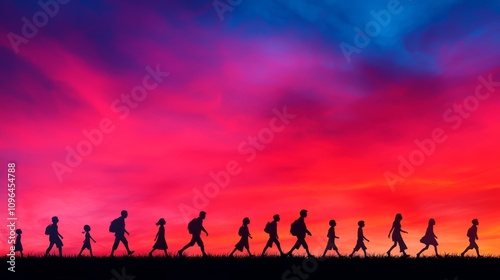  a group of people walking across a field at sunset, with the sky in the background painted in a beautiful array of oranges, pinks, and purples The people are silho