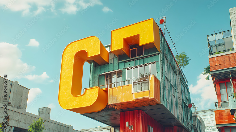 Naklejka premium Vibrant Yellow Letter C Adorns Colorful Building Exterior, Creating Bold Architectural Design Statement