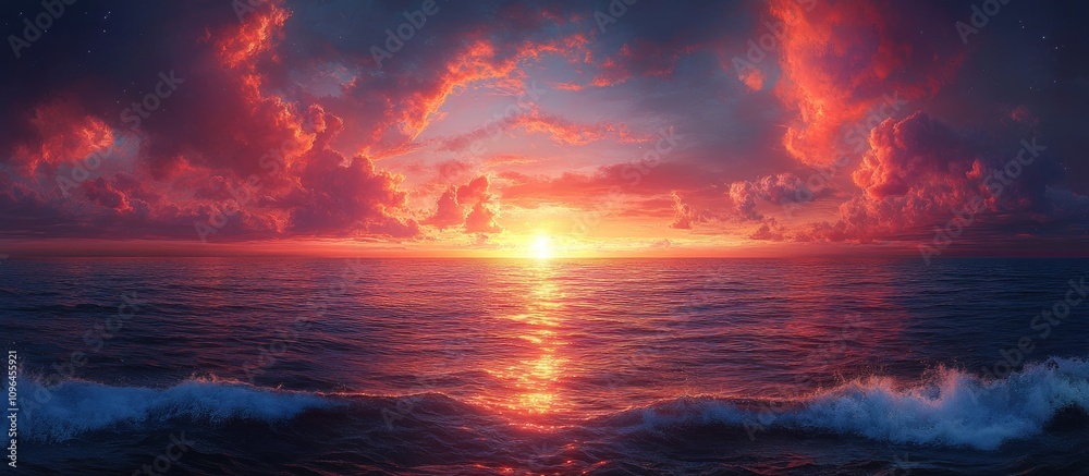 Vibrant sunrise and sunset over the ocean with dramatic clouds and shimmering waves reflecting warm colors in a serene landscape Vibrant sunrise and sunset over the ocean with dramatic clouds and shimmering waves reflecting warm colors in a serene landscape