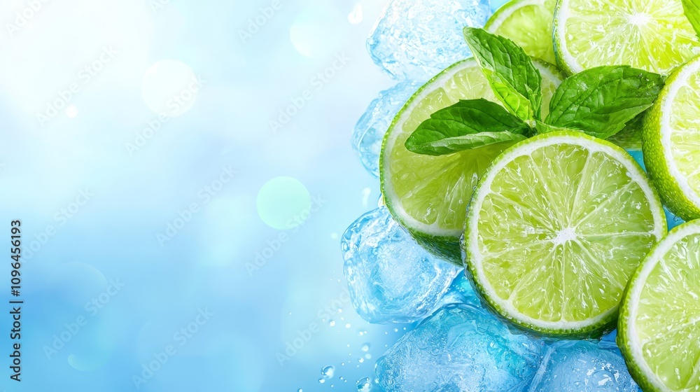 limes and mint leaves on top of a bed of ice cubes, with a blue background The limes are a vibrant green color, and the mint leaves are a deep green The ice cubes limes and mint leaves on top of a bed of ice cubes, with a blue background The limes are a vibrant green color, and the mint leaves are a deep green The ice cubes