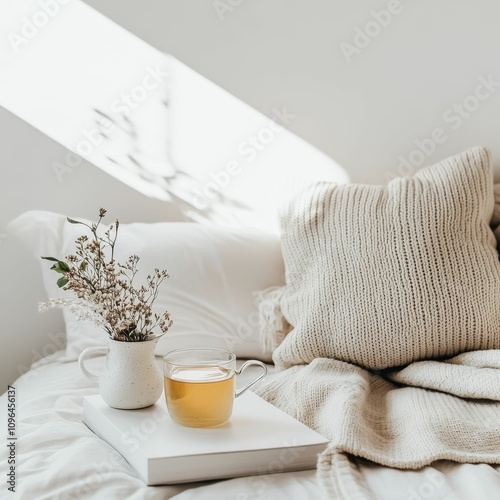 Cozy bed scene: tea, flowers, book, blanket.