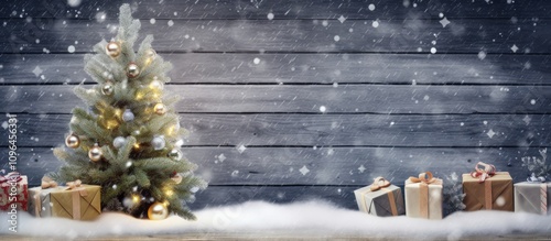 Christmas fir tree with snow and gift boxes on rustic wood surface creating a cozy holiday atmosphere with ample copy space for text