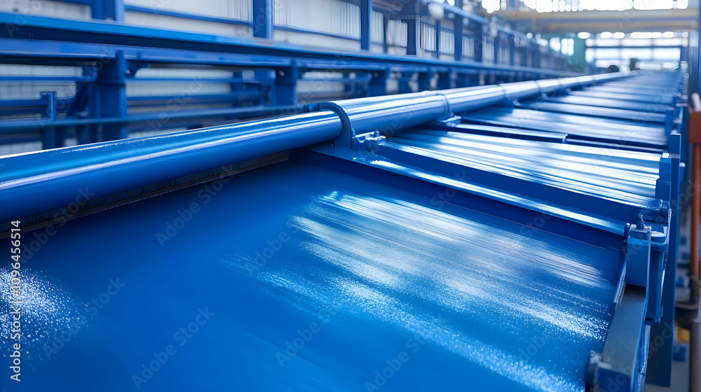 Fototapeta premium Blue Industrial Conveyor Belt System in Factory