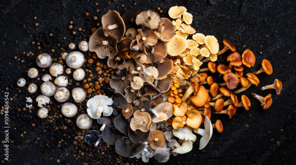 Fototapeta premium Collecting wild mushrooms forest floor artisanal photography soft moody lighting geometric species arrangement