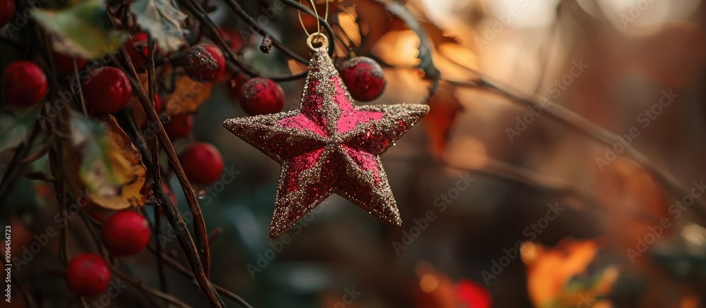 Decorative Christmas star ornament hanging amidst autumn foliage and berries creating a warm festive atmosphere
